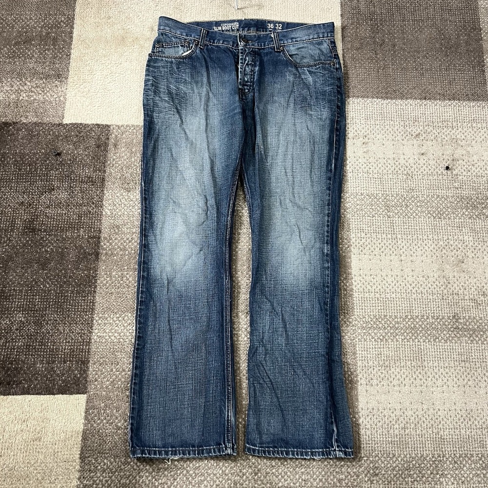 Copenhagen Slim Boot‎ Jeans Mens Size 36X32 Blue Denim Boho Whiskering Cowboy